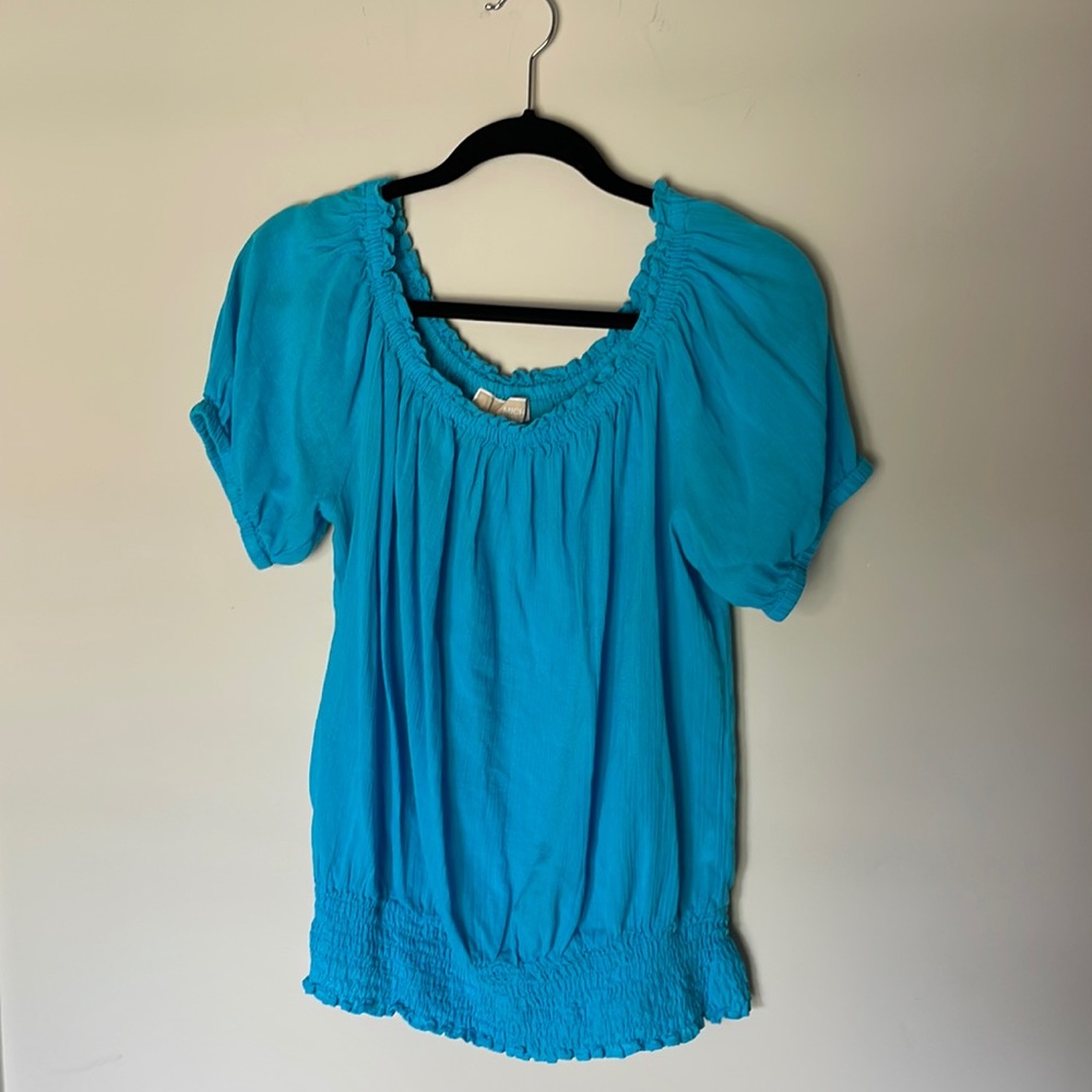 Turquoise gauze 100% cotton peasant top for stunning at the resort or pool sz L!